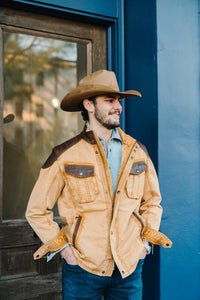 Wheat Cotton Jacket with Quilted Leather Shoulders